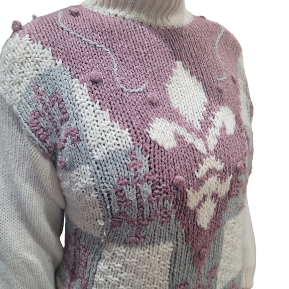 Vintage Country Concepts Pastel Floral Fleur-de-lis Sweater Sz Medium Ramie - Picture 3 of 10